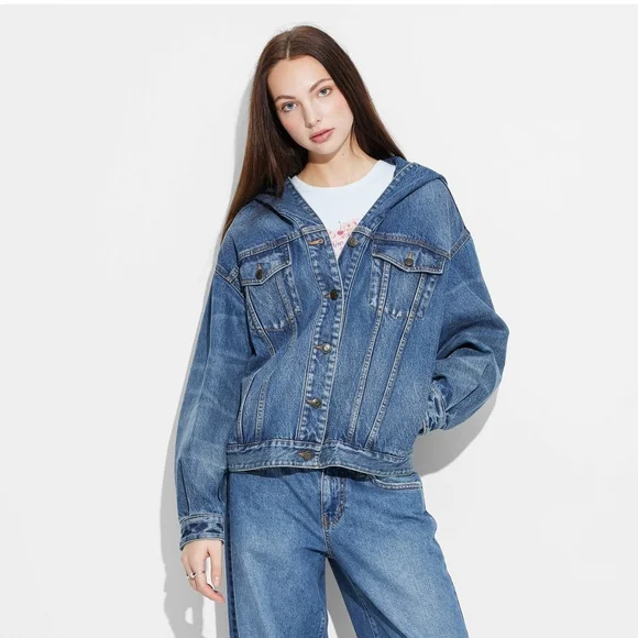 Women's Oversized Hooded Jean Jacket - Wild Fable Medium Wash XS - Picture 2 of 4